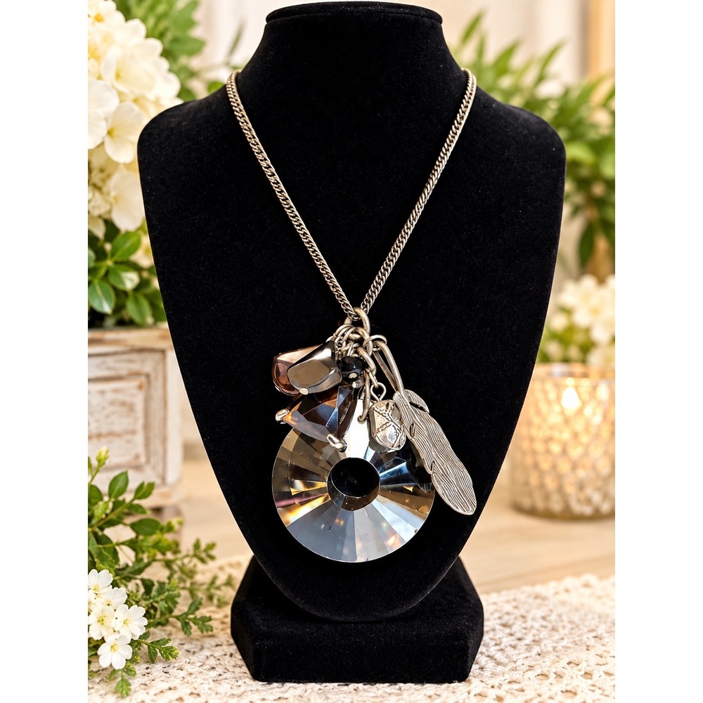 Multi Charm Cluster Necklace Faceted Crystal Feather Smoky Topaz Tone Statement